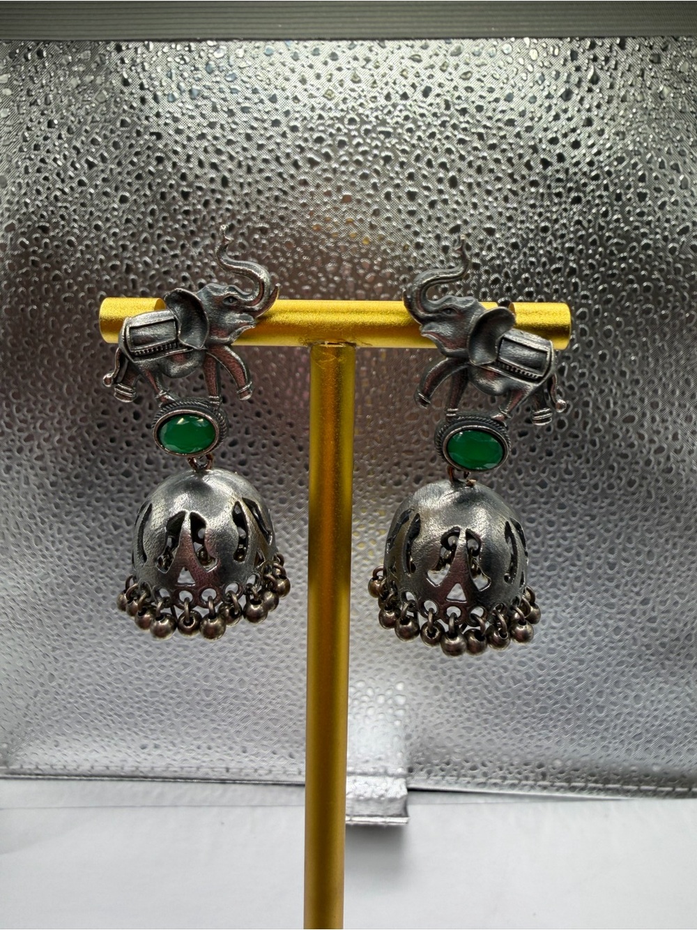 Oxidized Silver-Tone Elephant Jhumka Earrings with Stone